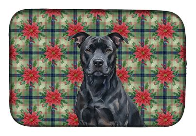 Black American Staffordshire Terrier Christmas PoinsettIas Dish Drying Mat Absorbent Dish Drying Mat Pad for Kitchen Counter Dish Drainer Mat for Coun