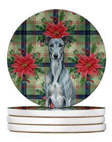 Blue Brindle Greyhound Christmas PoinsettIas Large Sandstone Coasters Pack of 4 Absorbent Round Coasters Decor Gifts for Men or Women, 4 in