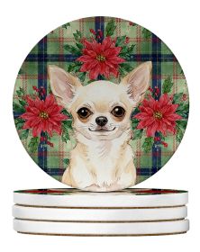 Cream Chihuahua Christmas PoinsettIas Large Sandstone Coasters Pack of 4 Absorbent Round Coasters Decor Gifts for Men or Women, 4 in, Multicolor