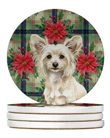 Powderpuff Chinese Crested Christmas PoinsettIas Large Sandstone Coasters Pack of 4 Absorbent Round Coasters Decor Gifts for Men or Women, 4 in