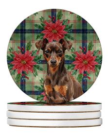 Chocolate and Rust Miniature Pinscher Min Pin Christmas PoinsettIas Large Sandstone Coasters Pack of 4 Absorbent Round Coasters Decor Gifts for Men or
