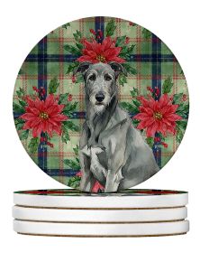 Gray Irish Wolfhound Christmas PoinsettIas Large Sandstone Coasters Pack of 4 Absorbent Round Coasters Decor Gifts for Men or Women, 4 in, Multicolor