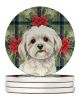 White Lhasa Apso Christmas PoinsettIas Large Sandstone Coasters Pack of 4 Absorbent Round Coasters Decor Gifts for Men or Women, 4 in, Multicolor