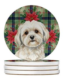 White Lhasa Apso Christmas PoinsettIas Large Sandstone Coasters Pack of 4 Absorbent Round Coasters Decor Gifts for Men or Women, 4 in, Multicolor