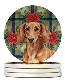 Red Brown Dachshund Christmas PoinsettIas Large Sandstone Coasters Pack of 4 Absorbent Round Coasters Decor Gifts for Men or Women, 4 in, Multicolor