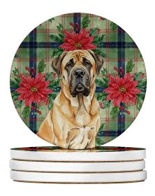 Fawn English Mastiff Christmas PoinsettIas Large Sandstone Coasters Pack of 4 Absorbent Round Coasters Decor Gifts for Men or Women, 4 in, Multicolor