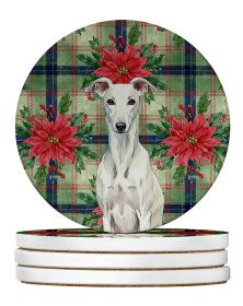 White Greyhound Christmas PoinsettIas Large Sandstone Coasters Pack of 4 Absorbent Round Coasters Decor Gifts for Men or Women, 4 in, Multicolor