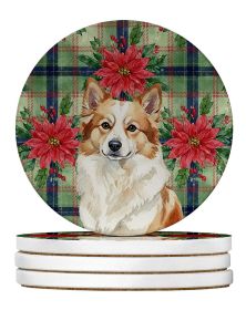 Tan Icelandic Sheepdog Christmas PoinsettIas Large Sandstone Coasters Pack of 4 Absorbent Round Coasters Decor Gifts for Men or Women, 4 in