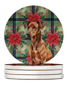 Red German Pinscher Christmas PoinsettIas Large Sandstone Coasters Pack of 4 Absorbent Round Coasters Decor Gifts for Men or Women, 4 in, Multicolor