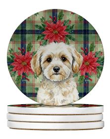Maltipoo Christmas PoinsettIas Large Sandstone Coasters Pack of 4 Absorbent Round Coasters Decor Gifts for Men or Women, 4 in, Multicolor