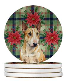 Miniature Bull Terrier Christmas PoinsettIas Large Sandstone Coasters Pack of 4 Absorbent Round Coasters Decor Gifts for Men or Women, 4 in