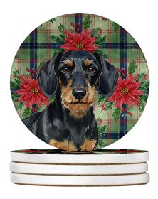 Wirehaired Black and Tan Dachshund Christmas PoinsettIas Large Sandstone Coasters Pack of 4 Absorbent Round Coasters Decor Gifts for Men or Women