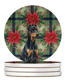 Doberman Pinscher Christmas PoinsettIas Large Sandstone Coasters Pack of 4 Absorbent Round Coasters Decor Gifts for Men or Women, 4 in, Multicolor