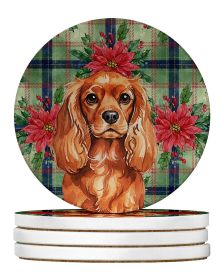 Ruby English Toy Spaniel Christmas PoinsettIas Large Sandstone Coasters Pack of 4 Absorbent Round Coasters Decor Gifts for Men or Women, 4 in