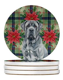 Blue Neapolitan Mastiff Christmas PoinsettIas Large Sandstone Coasters Pack of 4 Absorbent Round Coasters Decor Gifts for Men or Women, 4 in