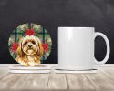 Gold Lhasa Apso Christmas PoinsettIas Large Sandstone Coasters Pack of 4 Absorbent Round Coasters Decor Gifts for Men or Women, 4 in, Multicolor