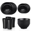 Black Dinnerware Set for 4, 16 Pack Plastic BPA-Free Dinner Plates, Salad Plates, Cereal Bowls, Cups, Unbreakable Plates and Bowls Sets